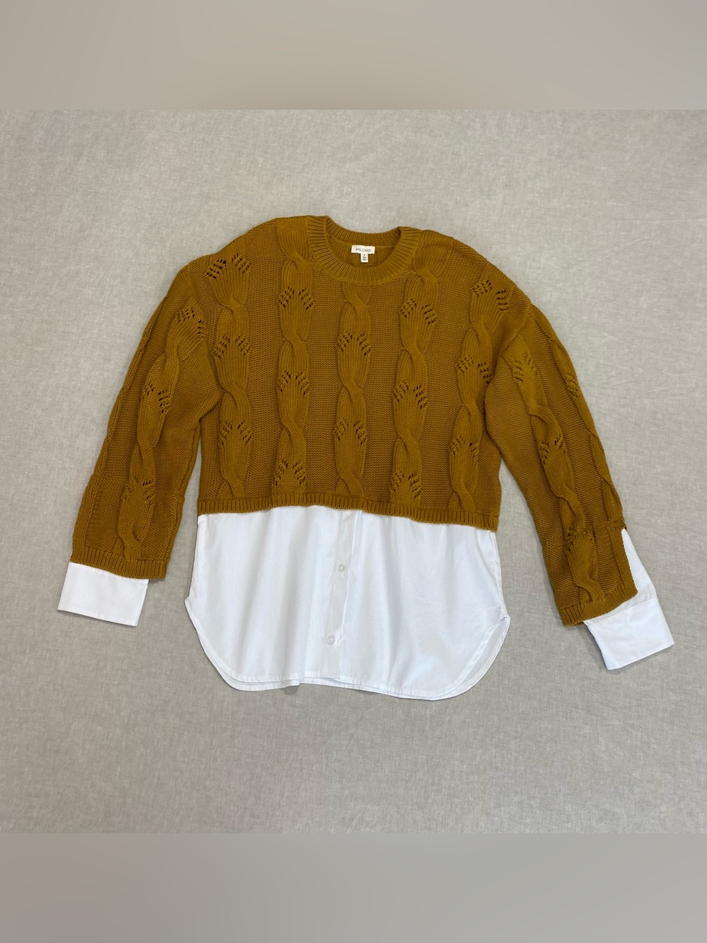 Anthropologie Pilcro Cable Knit Twofer Sweater Sz M Mustard/White Preppy Office